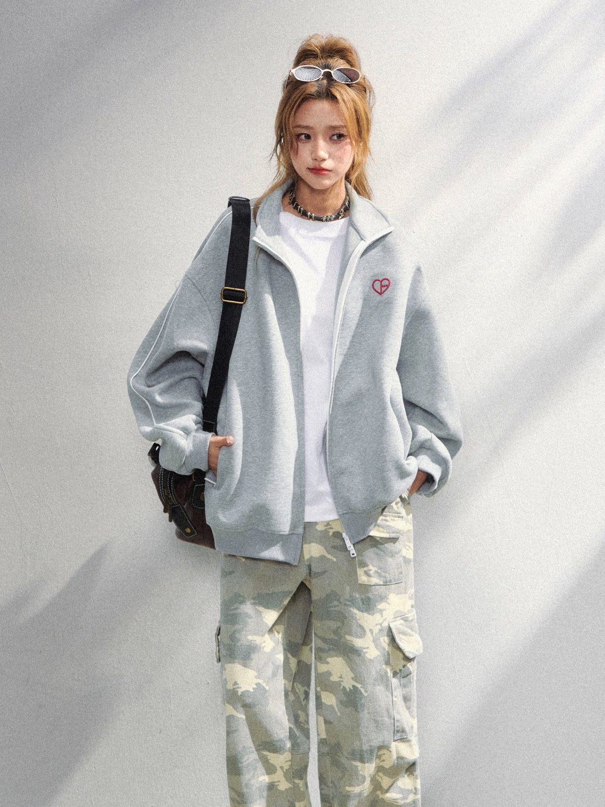 Korean Style Heart Embroidered Zip Up Sweatshirt