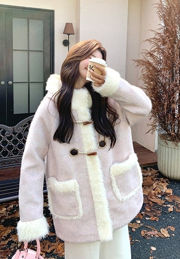 Korean Style Hooded Patchwork Winter Slimming Coat
