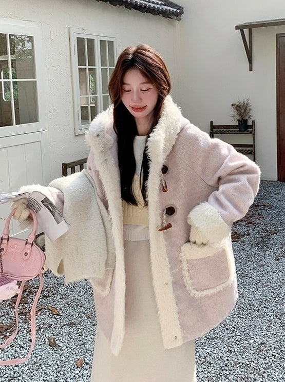 Korean Style Hooded Patchwork Winter Slimming Coat