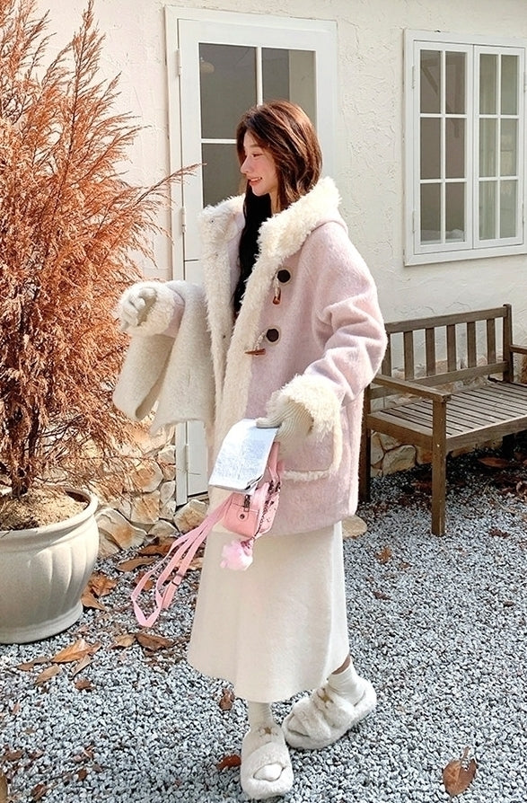 Korean Style Hooded Patchwork Winter Slimming Coat