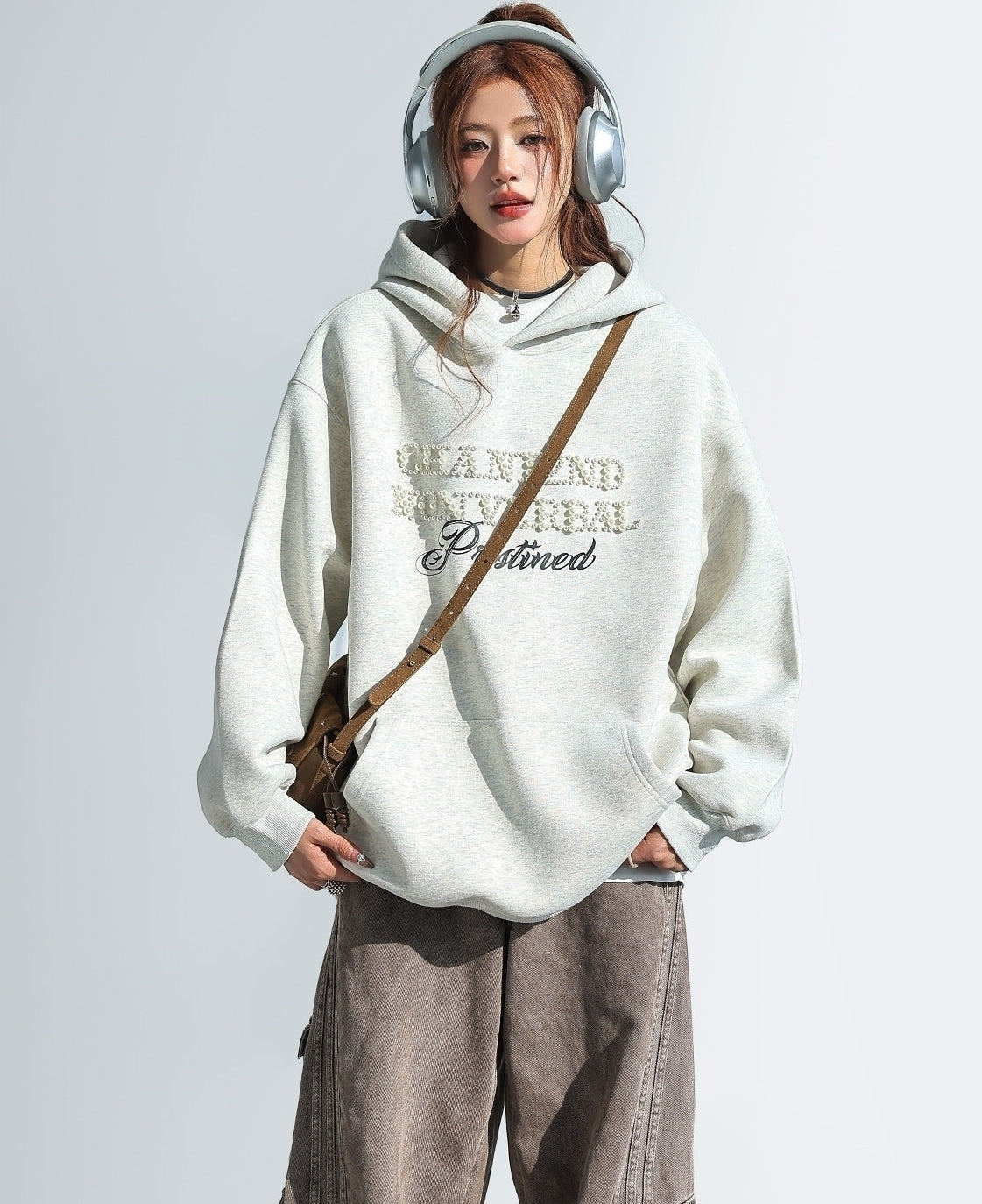 Korean Style Pearl Beaded Hooded Sweatshirt