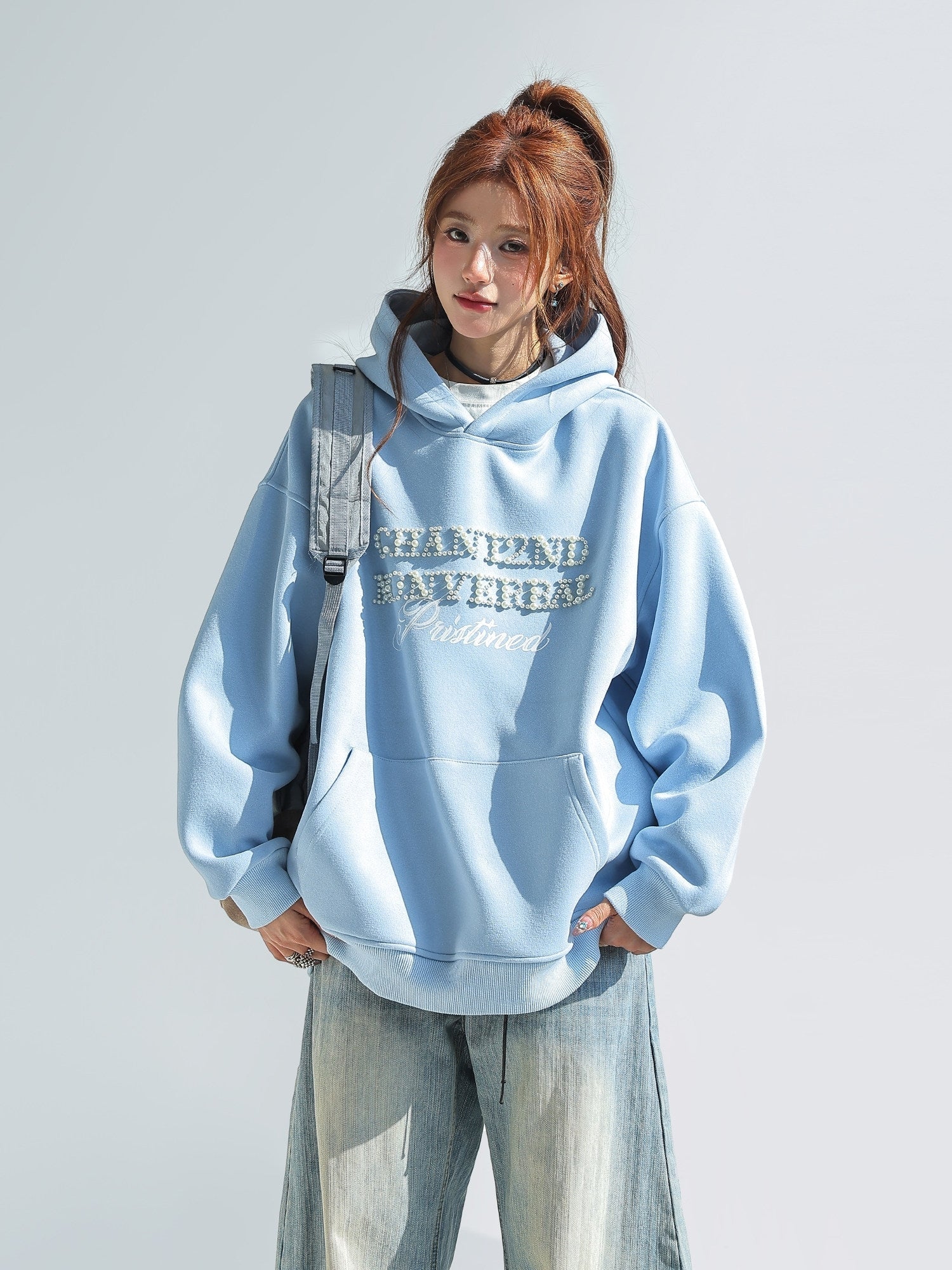 Korean Style Pearl Beaded Hooded Sweatshirt