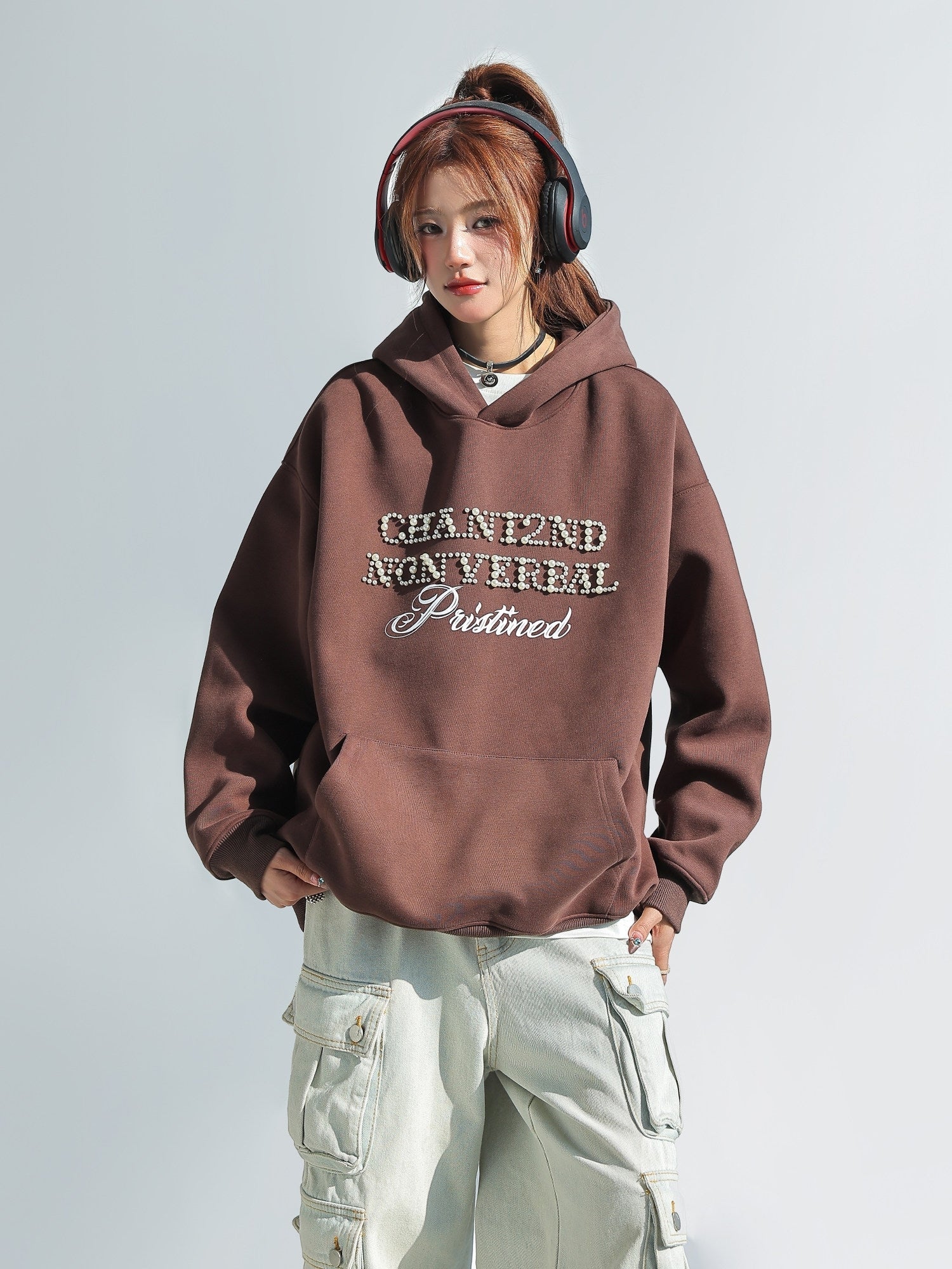 Korean Style Pearl Beaded Hooded Sweatshirt