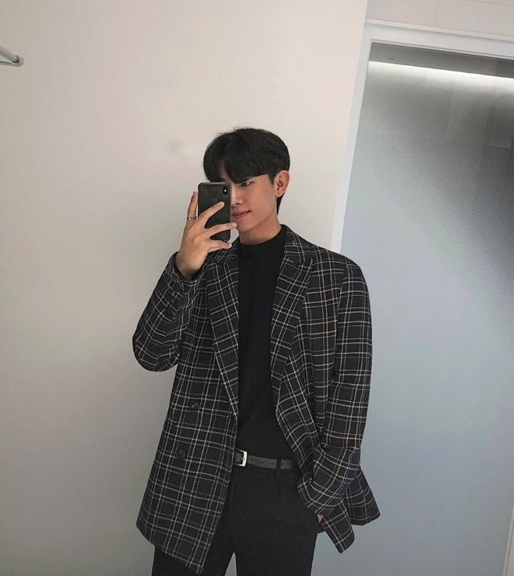 Korean Style Plaid Casual Blazer Jacket