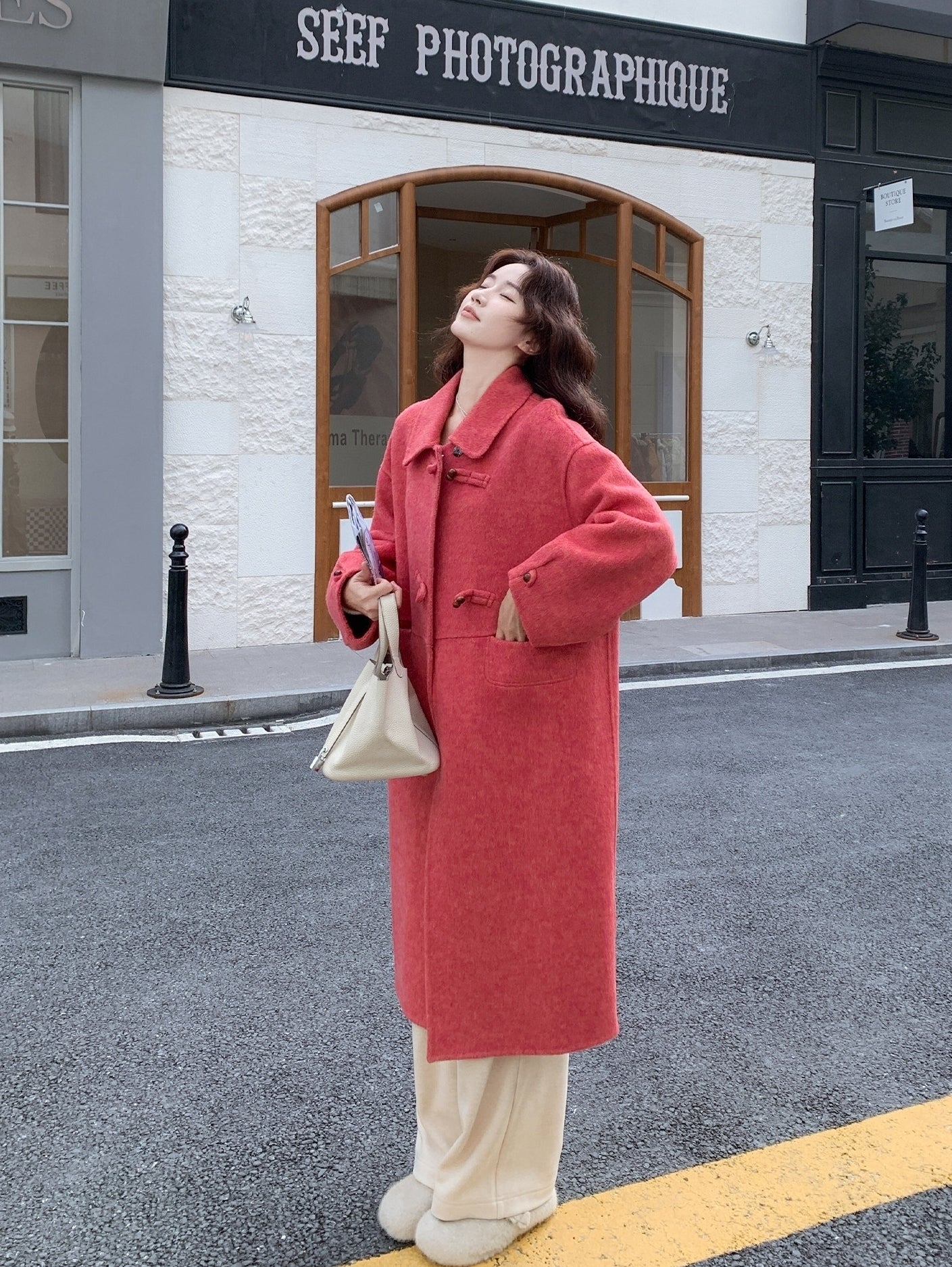 Korean Style Rose Pink Slim Fit Double Sided Overcoat