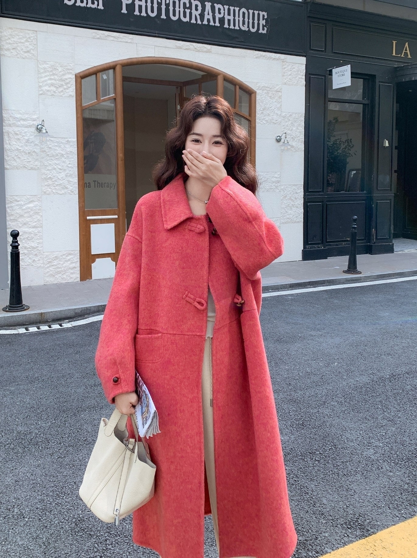 Korean Style Rose Pink Slim Fit Double Sided Overcoat