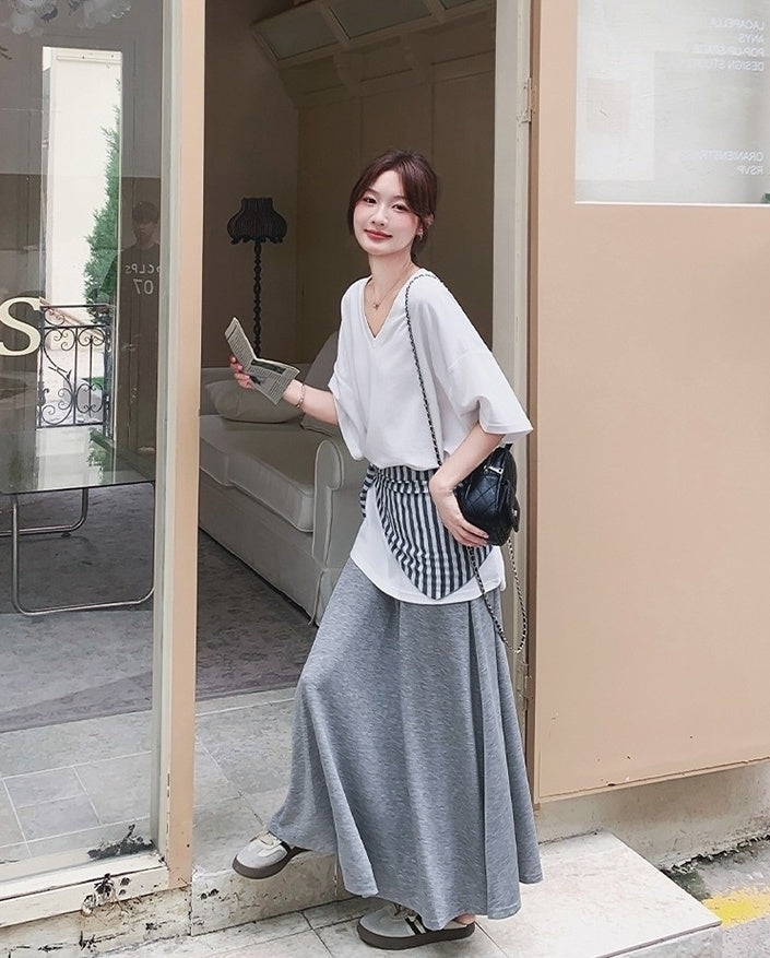 Korean Style Striped Cardigan Set With Skirt