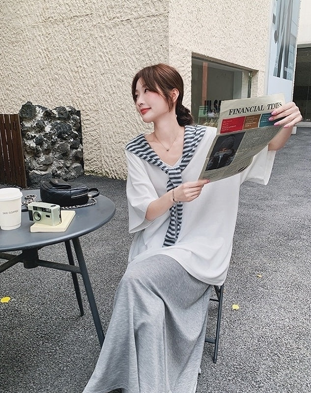Korean Style Striped Cardigan Set With Skirt