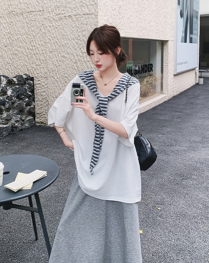 Korean Style Striped Cardigan Set With Skirt