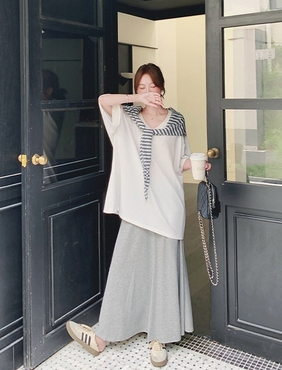 Korean Style Striped Cardigan Set With Skirt