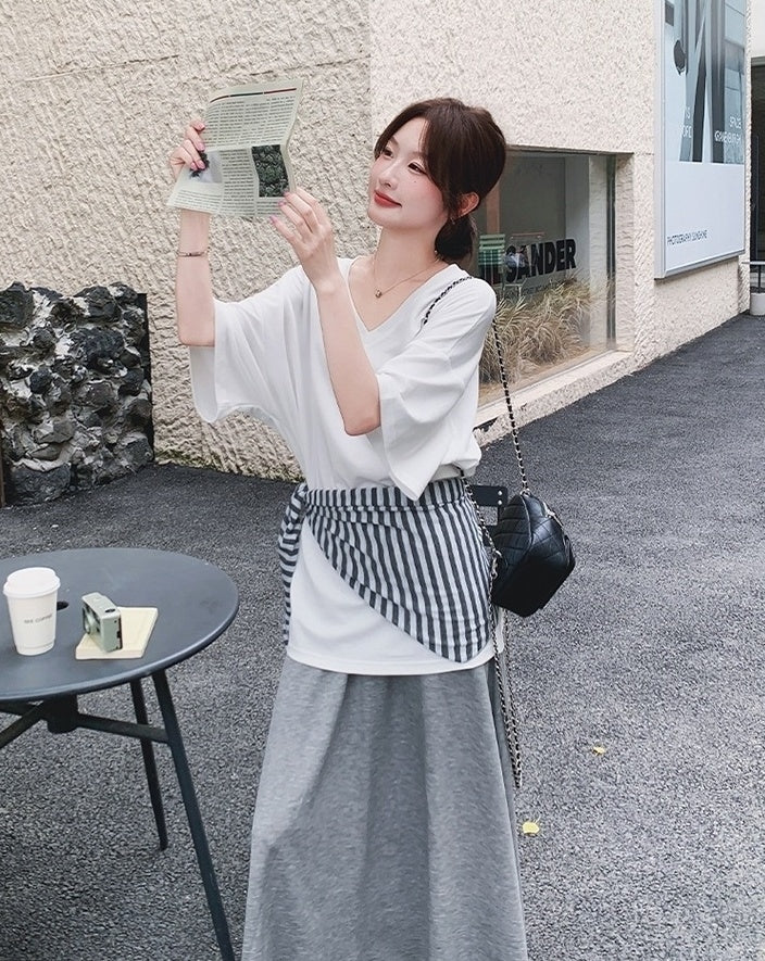 Korean Style Striped Cardigan Set With Skirt