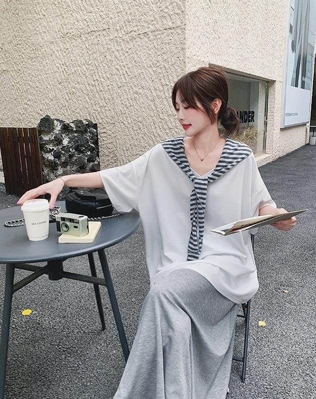 Korean Style Striped Cardigan Set With Skirt