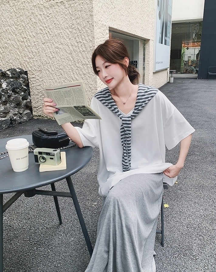 Korean Style Striped Cardigan Set With Skirt