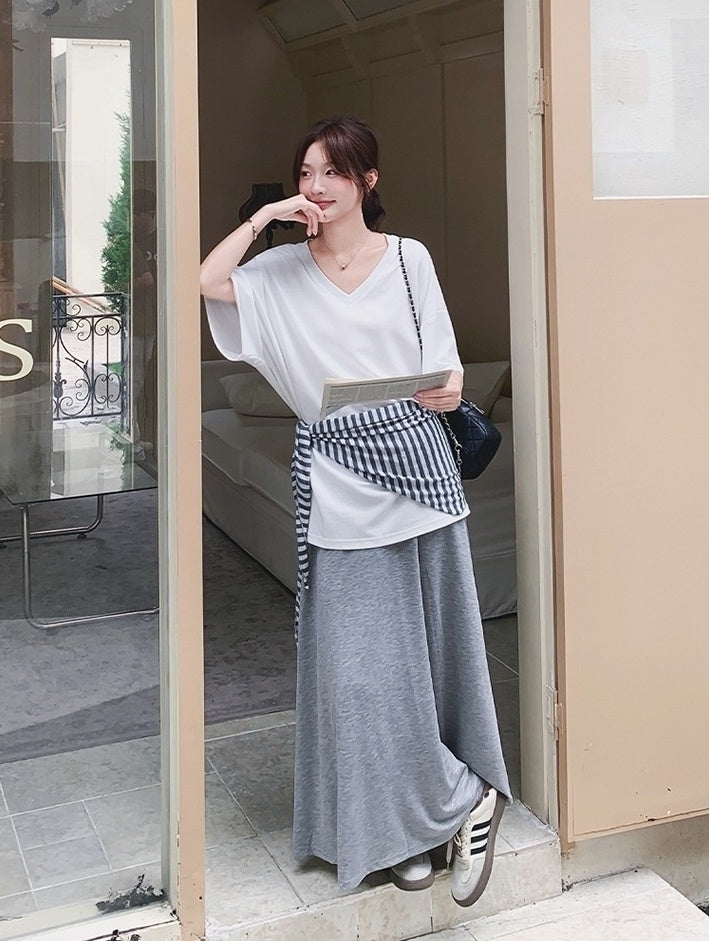 Korean Style Striped Cardigan Set With Skirt