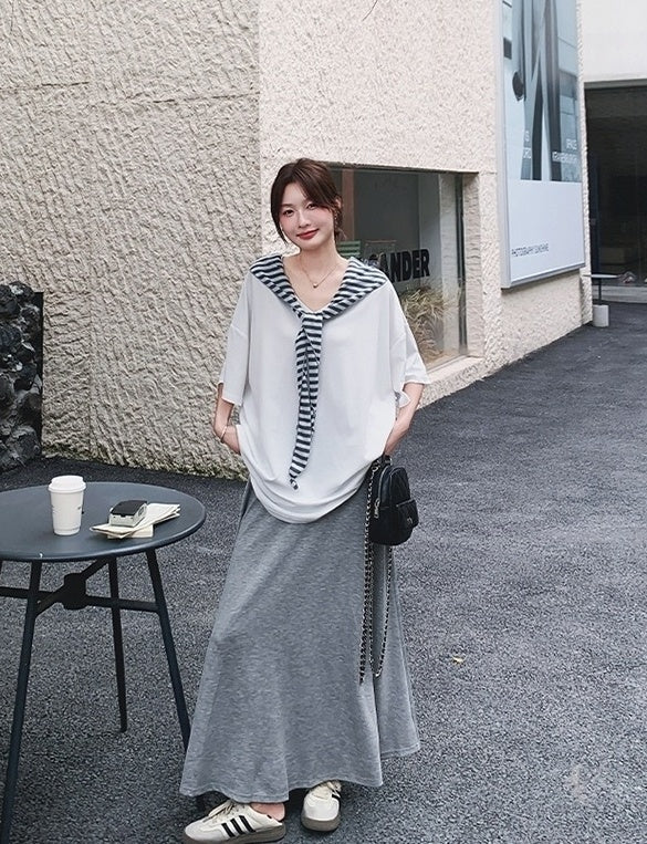Korean Style Striped Cardigan Set With Skirt