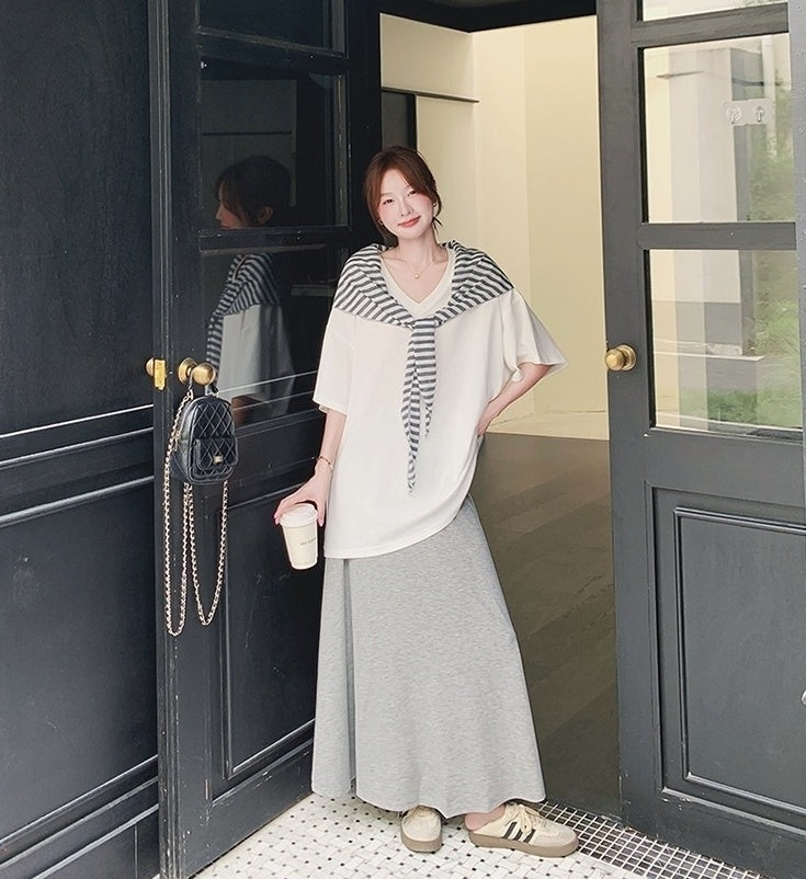 Korean Style Striped Cardigan Set With Skirt