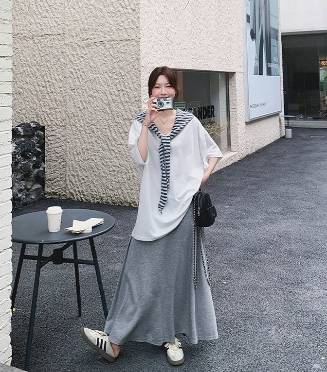 Korean Style Striped Cardigan Set With Skirt