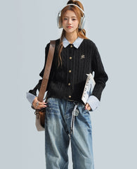 Korean Style Striped Layered Cable Knit Cardigan
