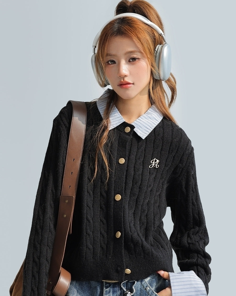 Korean Style Striped Layered Cable Knit Cardigan