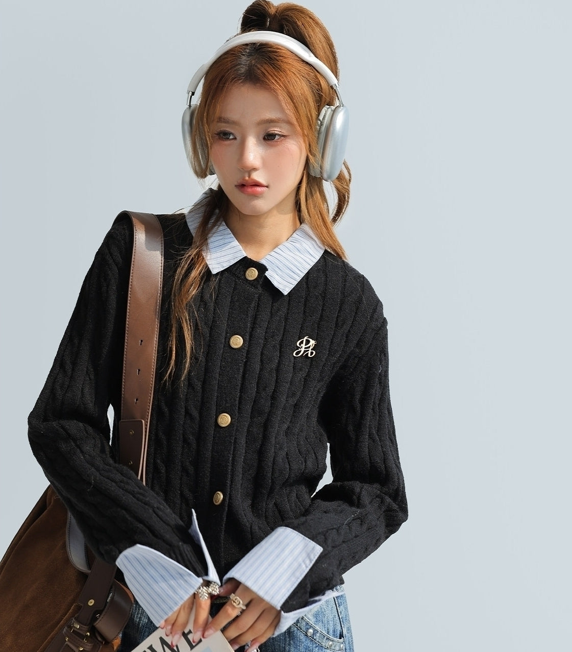Korean Style Striped Layered Cable Knit Cardigan