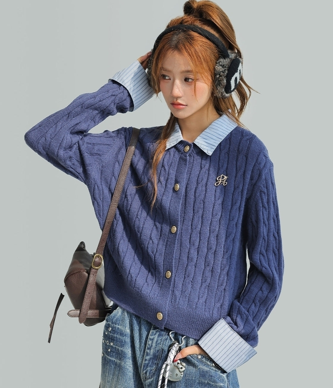 Korean Style Striped Layered Cable Knit Cardigan