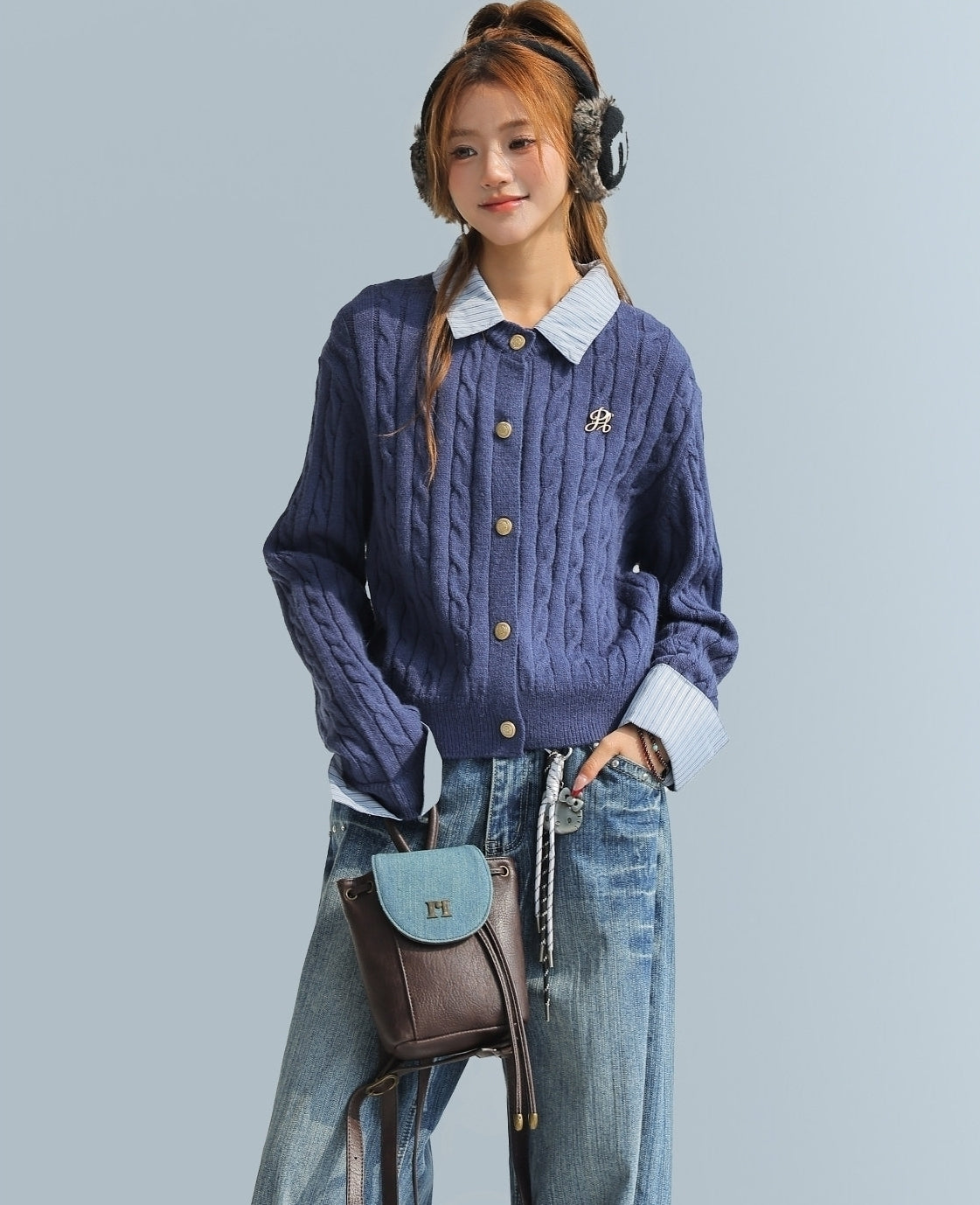 Korean Style Striped Layered Cable Knit Cardigan