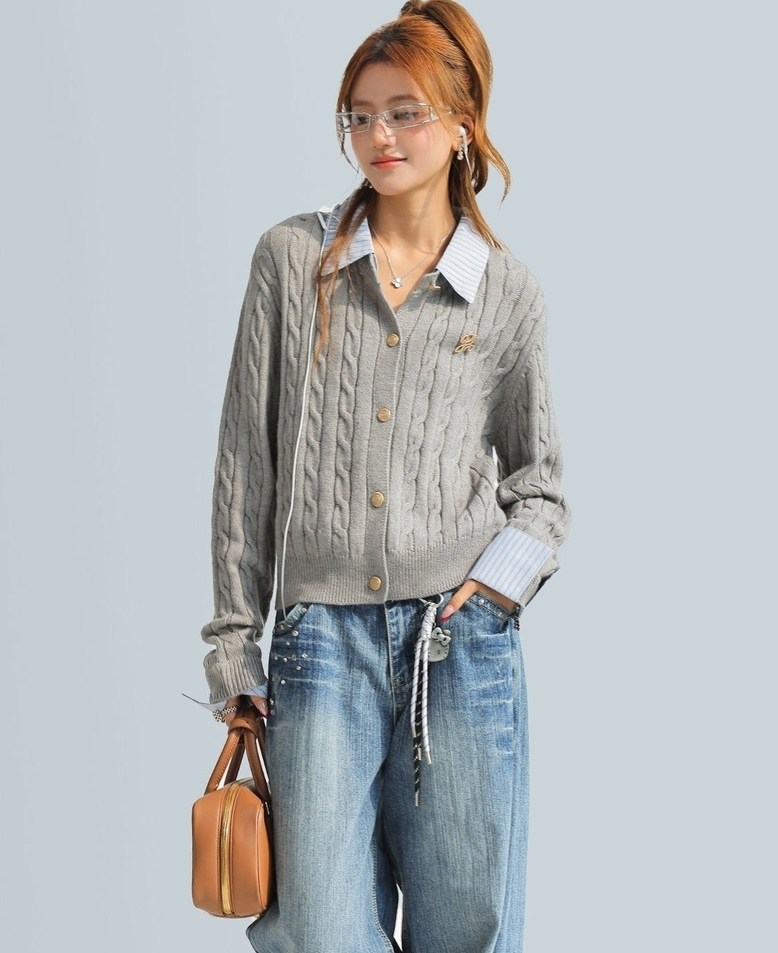 Korean Style Striped Layered Cable Knit Cardigan