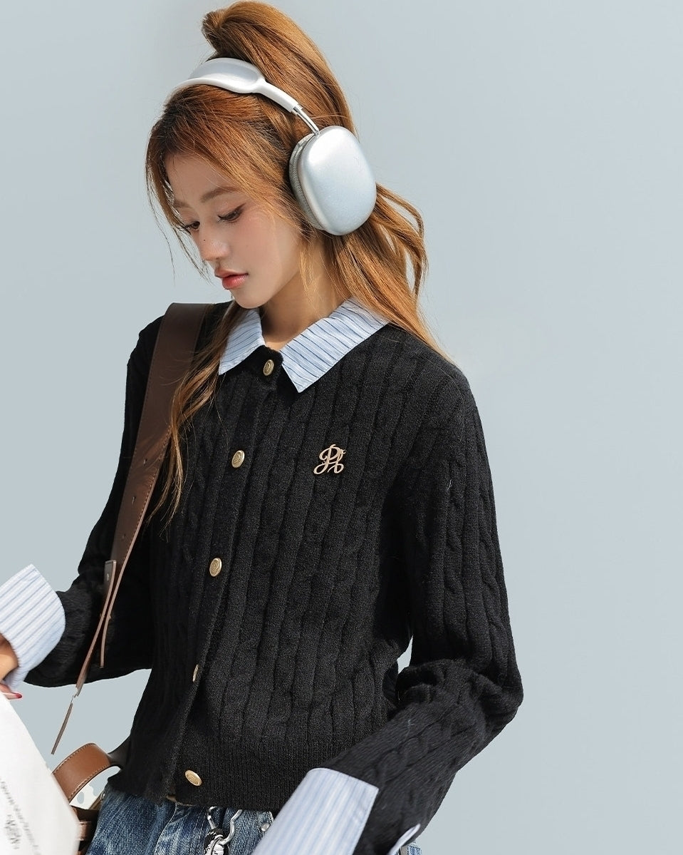 Korean Style Striped Layered Cable Knit Cardigan