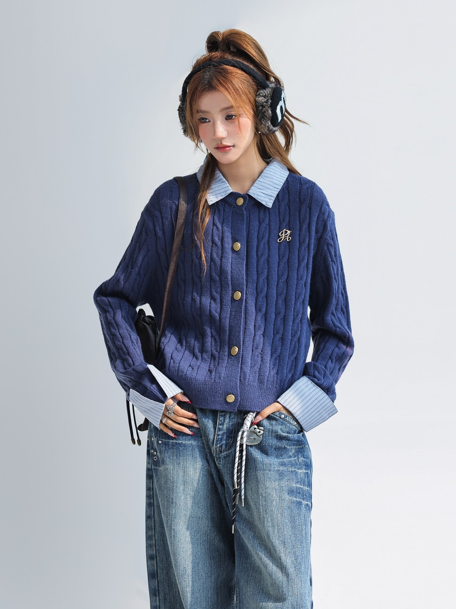 Korean Style Striped Layered Cable Knit Cardigan