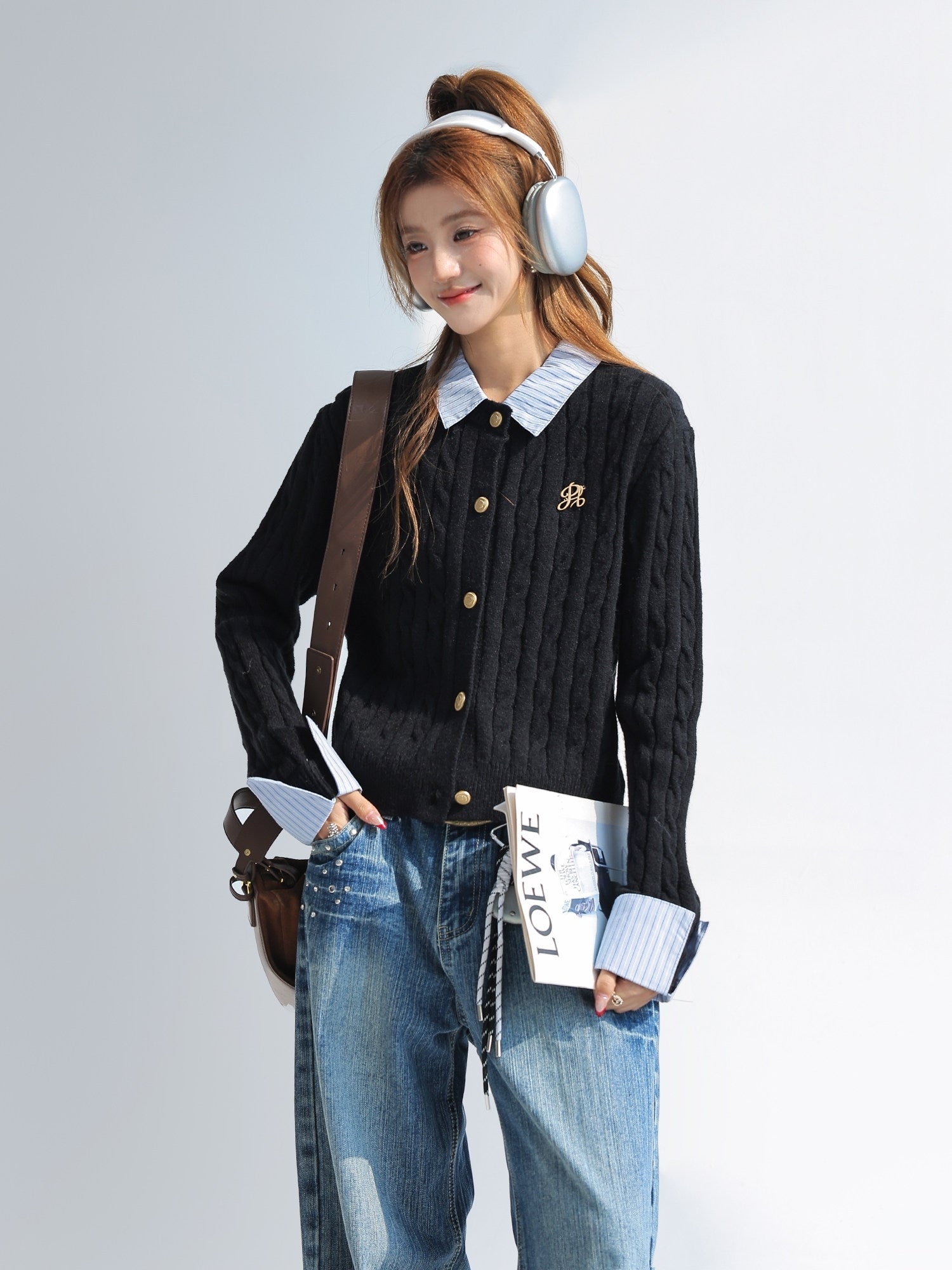 Korean Style Striped Layered Cable Knit Cardigan