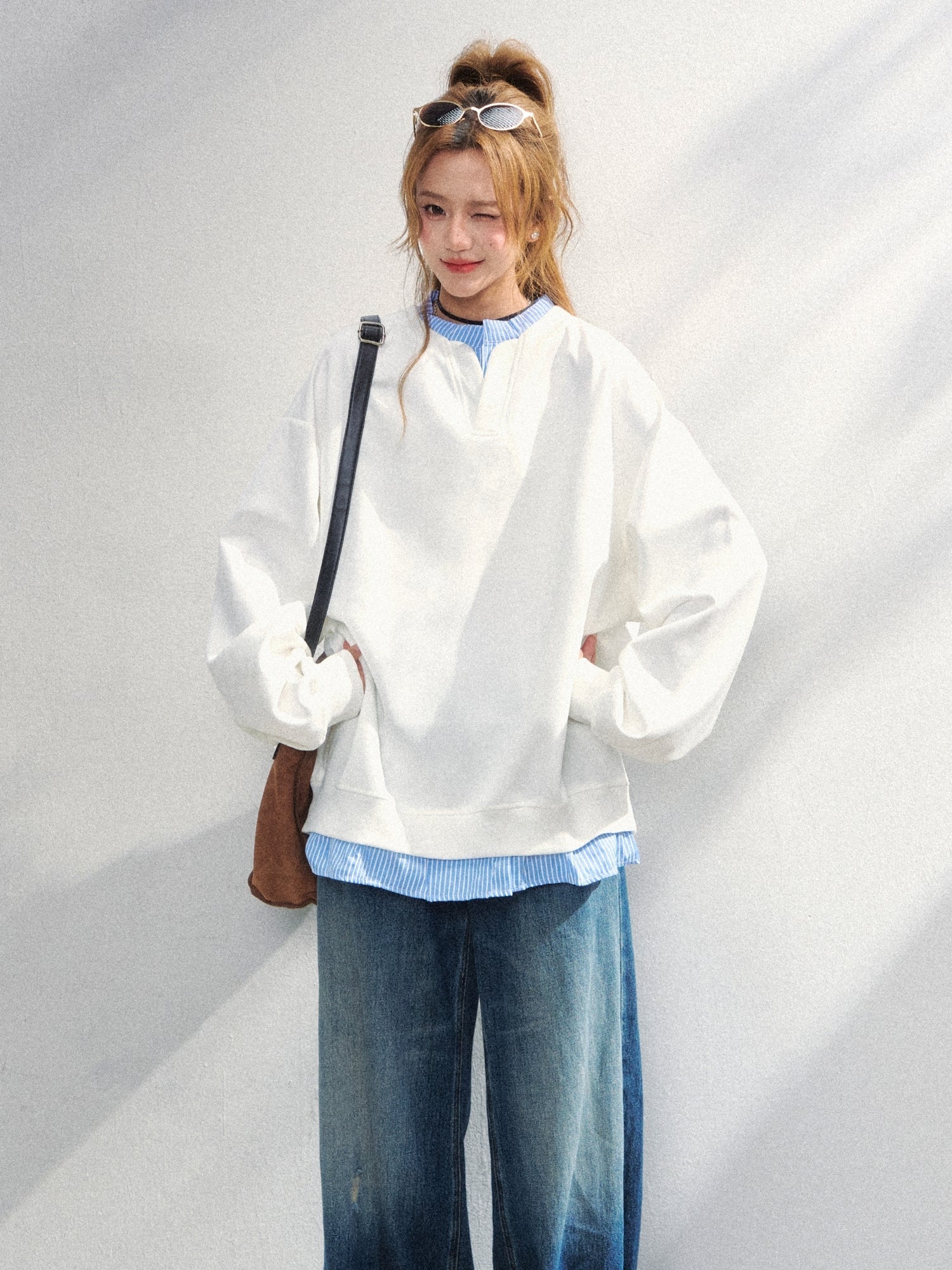 Korean Style Striped Layered Loose Sweatshirt