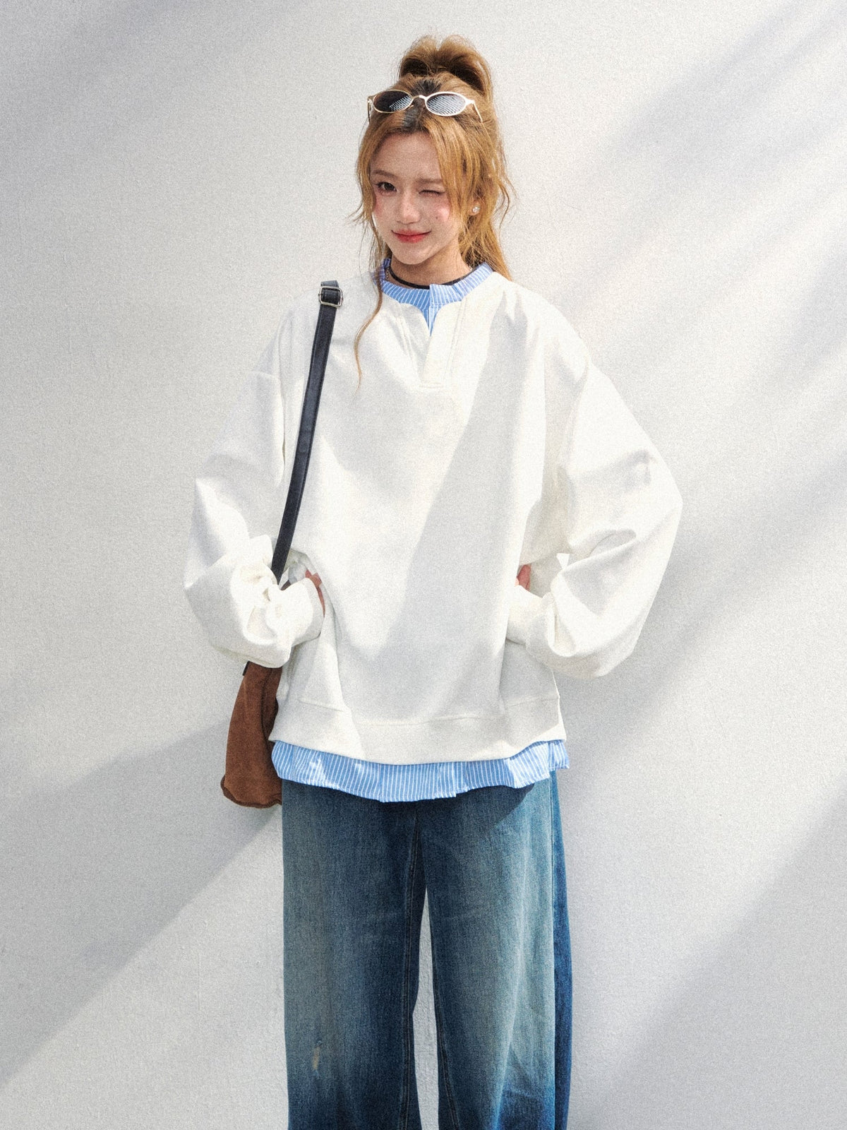 Korean Style Striped Layered Loose Sweatshirt