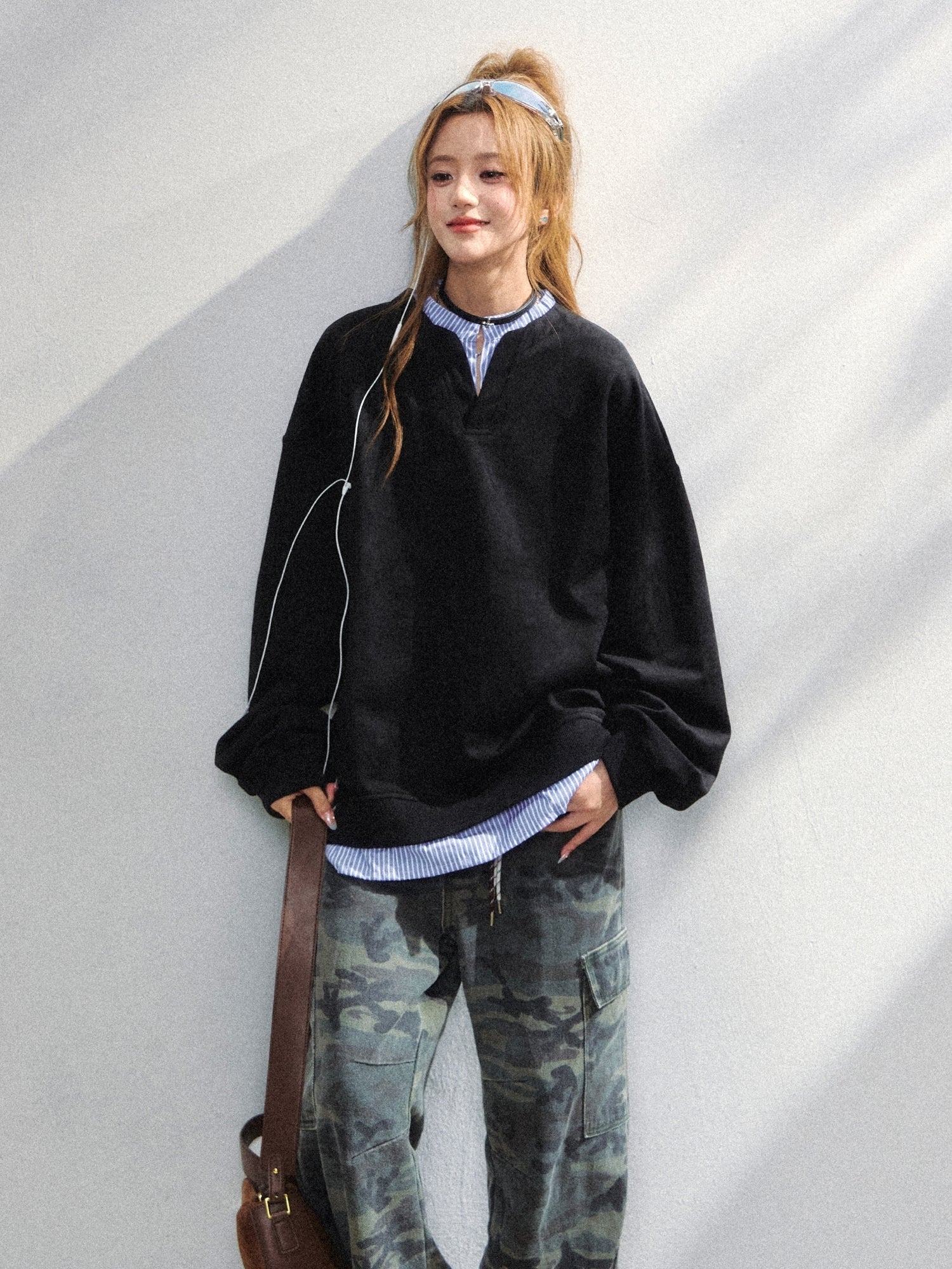 Korean Style Striped Layered Loose Sweatshirt