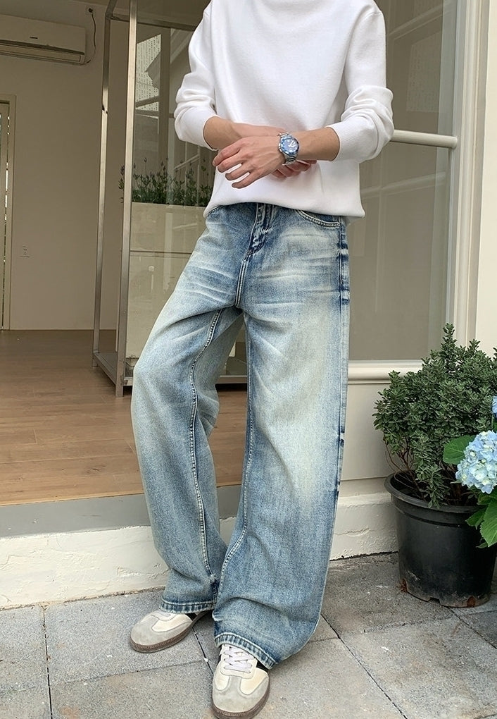 Korean Style Washed Straight Leg Denim Pants