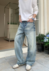 Korean Style Washed Straight Leg Denim Pants