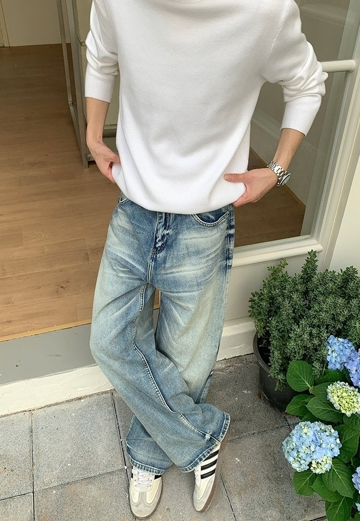 Korean Style Washed Straight Leg Denim Pants