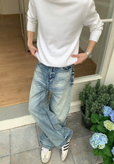 Korean Style Washed Straight Leg Denim Pants