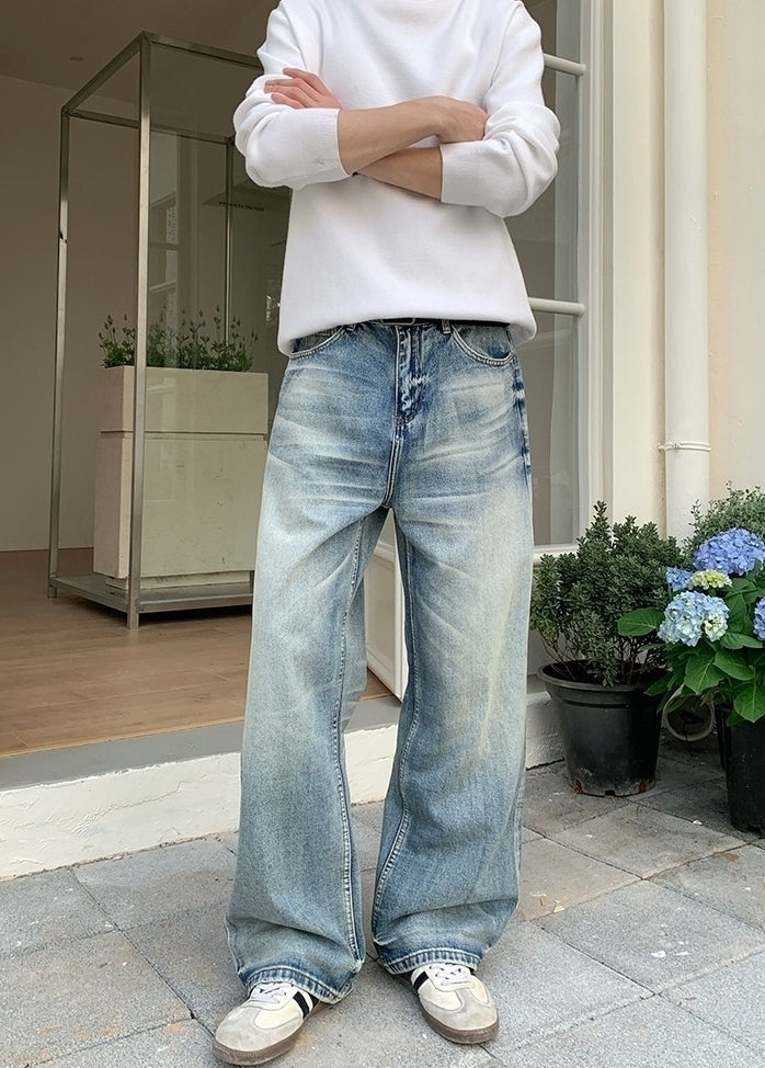 Korean Style Washed Straight Leg Denim Pants
