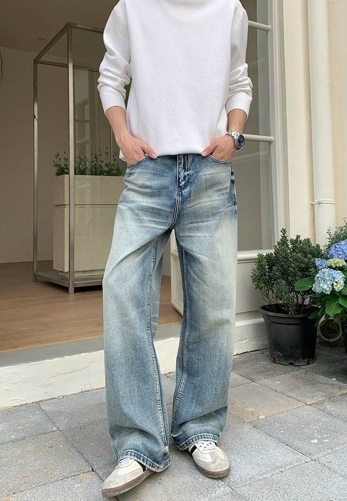 Korean Style Washed Straight Leg Denim Pants