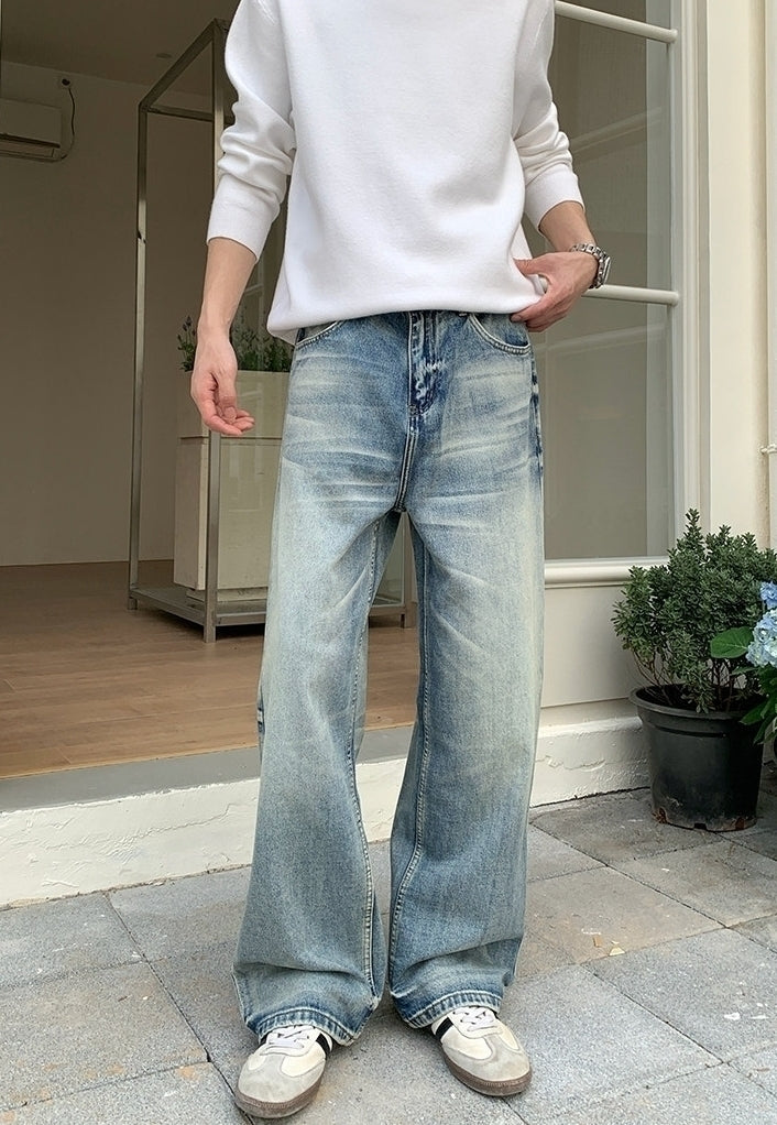 Korean Style Washed Straight Leg Denim Pants