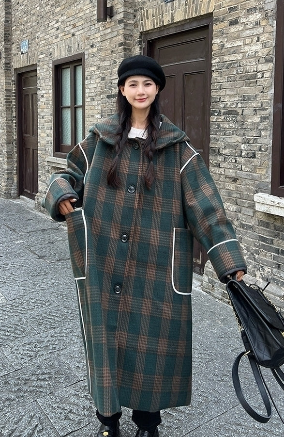 Korean Vintage Plaid Hooded Long Winter Coat
