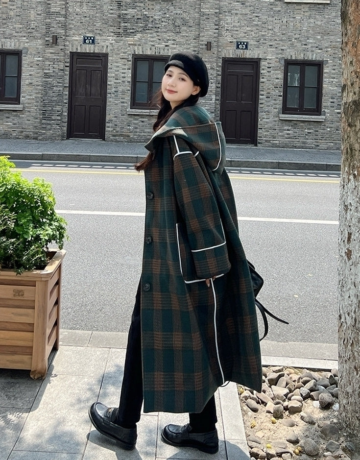 Korean Vintage Plaid Hooded Long Winter Coat