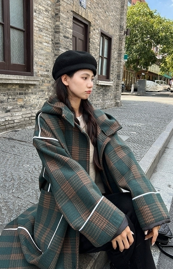 Korean Vintage Plaid Hooded Long Winter Coat