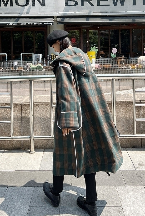 Korean Vintage Plaid Hooded Long Winter Coat