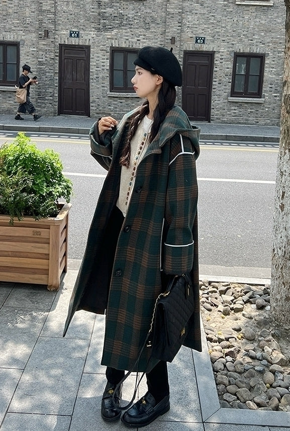 Korean Vintage Plaid Hooded Long Winter Coat