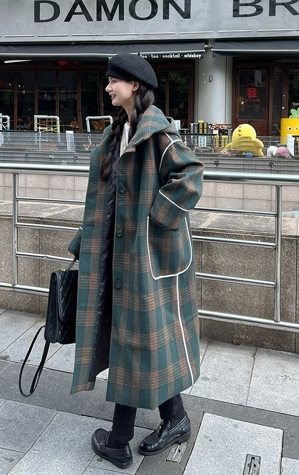 Korean Vintage Plaid Hooded Long Winter Coat