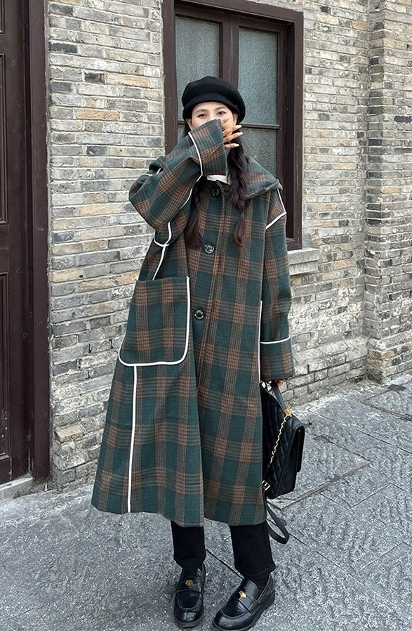 Korean Vintage Plaid Hooded Long Winter Coat