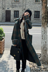 Korean Vintage Plaid Hooded Long Winter Coat