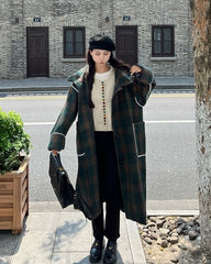 Korean Vintage Plaid Hooded Long Winter Coat