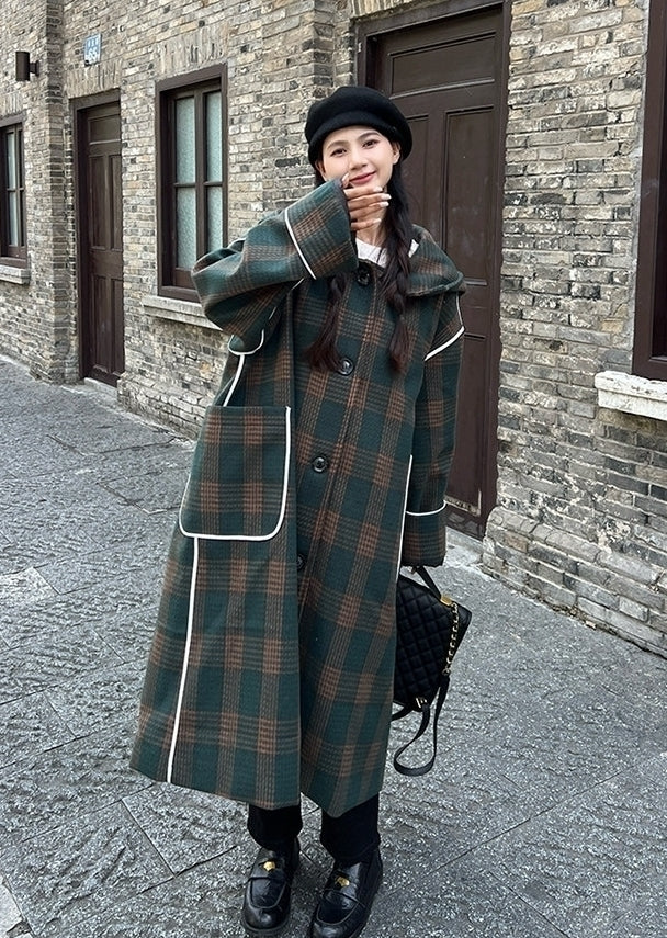 Korean Vintage Plaid Hooded Long Winter Coat